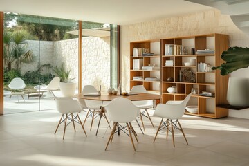 Obraz premium Modern and minimalist design decoration of an empty office with light, wooden furniture and work spaces for employees or staff.