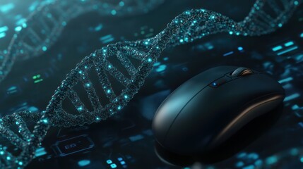 A sleek black computer mouse resting next to a glowing DNA strand, symbolizing the intersection of technology and genetics.