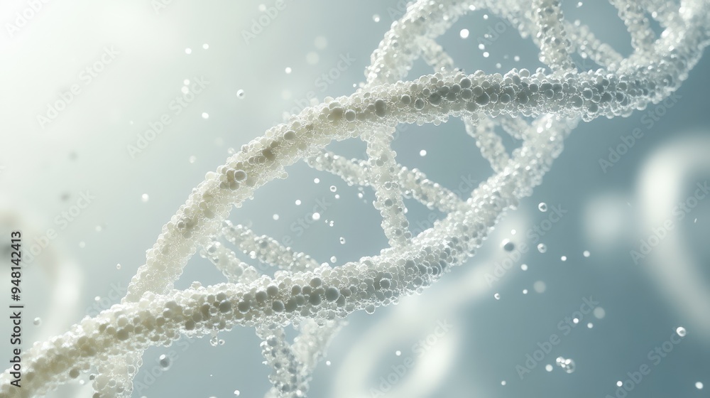 Poster abstract representation of dna strands in a scientific setting with bubbles and a soft blue backgrou