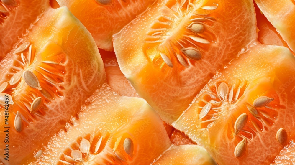 Poster close-up of cantaloupe seeds and orange flesh, with a seamless background that accentuates the textu