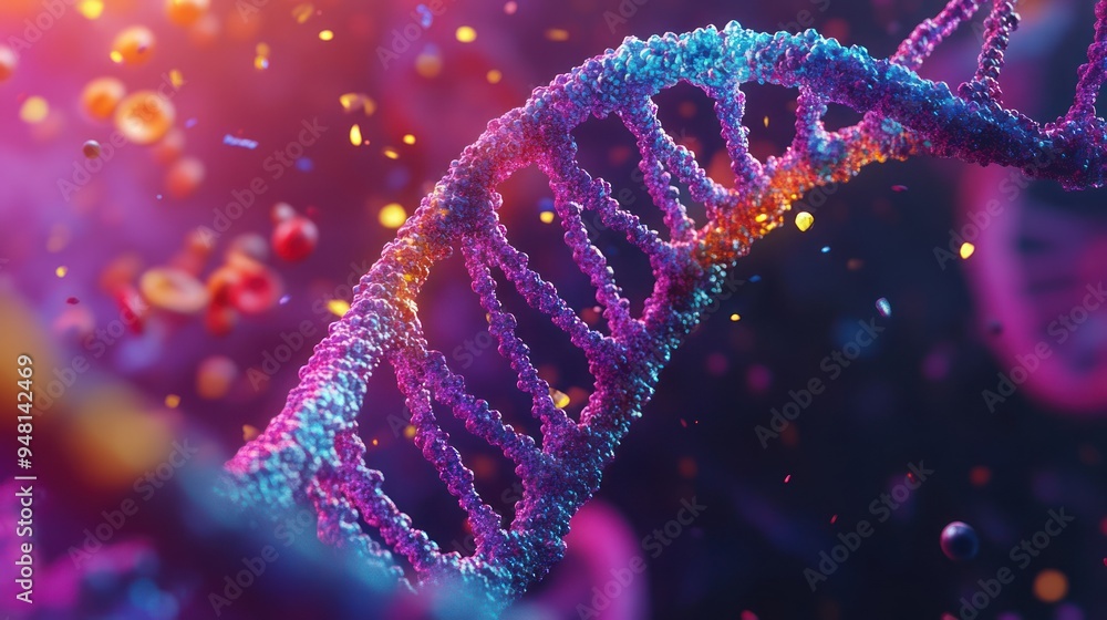 Poster a colorful close-up of a dna double helix surrounded by vibrant particles in a cosmic setting.