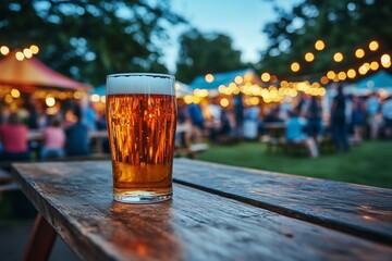 A glass of beer on an outdoor wooden table in the foreground, with background People in the garden are enjoying Oktoberfest beer 