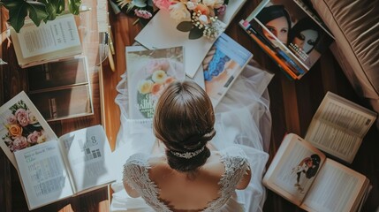 A future bride finds joy in the wedding planning process, surrounded by colorful flowers and magazines.Emphasizing the joy and excitement of wedding preparation.Wedding Season,bride, wedding, planning