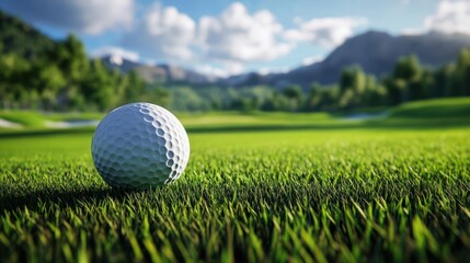 Fototapeta premium A close-up of a golf ball on lush green grass, set against a backdrop of rolling hills and a clear blue sky.