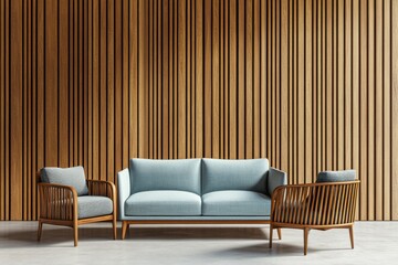 The interior of a minimalist living room with wood floors, round coffee tables, soft blue sofas and horizontal geometric wall designs. A mockup.