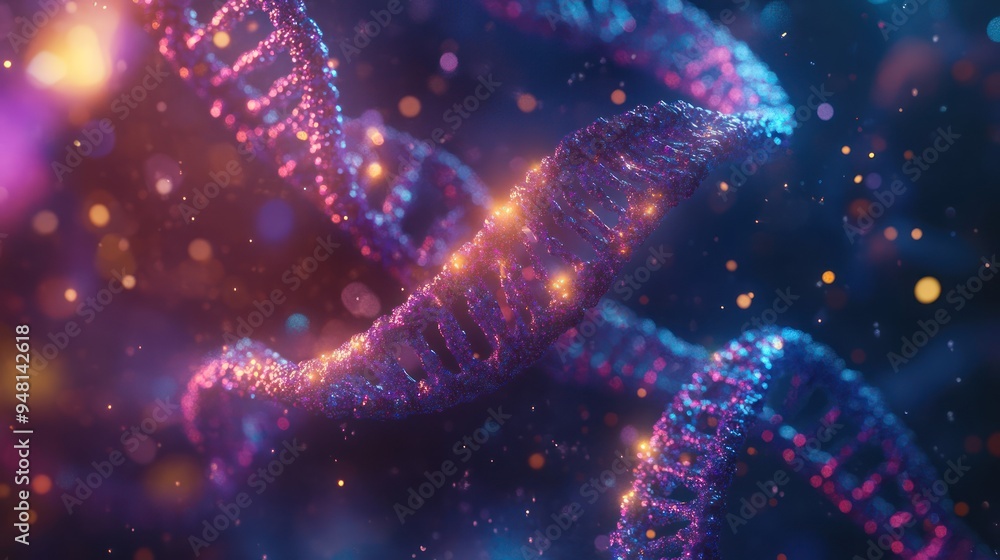 Poster a stunning visualization of dna strands illuminated with vibrant colors, creating a mystical and sci