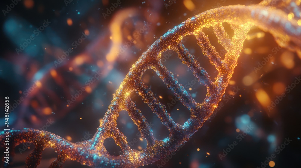 Poster a close-up view of a glowing dna double helix structure, showcasing vibrant colors and intricate pat