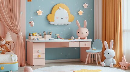 A cute and colorful children's bedroom is filled with a desk, toys, and star decor, creating a magical and imaginative space.