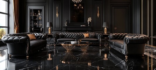 Luxurious interior of an excellent black living room in a classic style, 3D visualization, black marble floor, black leather furniture, decorated with golden plum. 