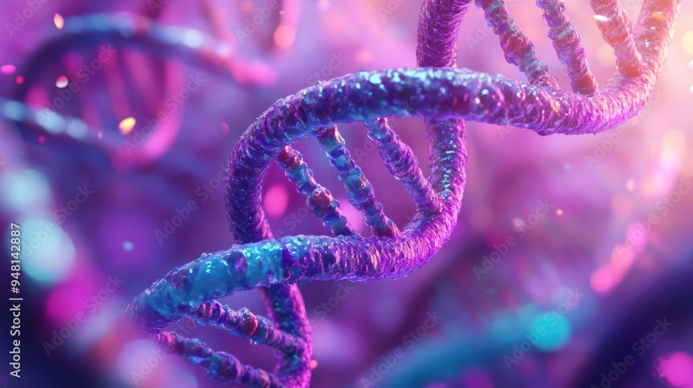 Poster a vibrant close-up of dna strands showcasing intricate structures in a colorful, abstract representa