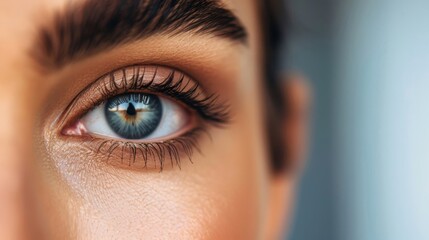 Obraz premium A woman's eye is shown in a mirror, reflecting the blue of the sky. The eye is surrounded by a shadow, giving it a sense of depth and dimension