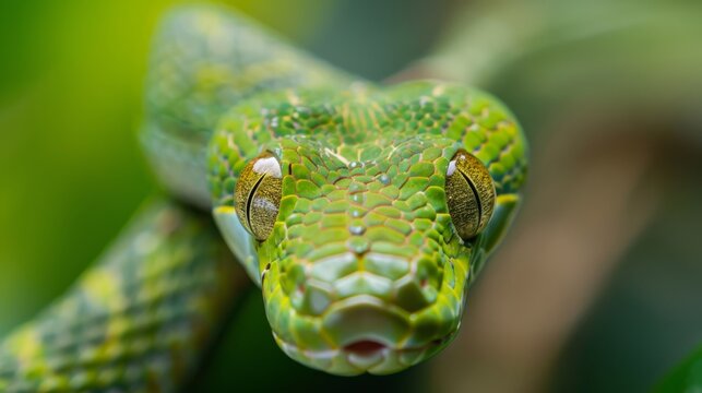 A green snake with yellow eyes is shown in the image