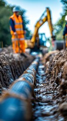 Naklejka premium Workers install a large pipe in a freshly dug trench at a construction site during daylight hours
