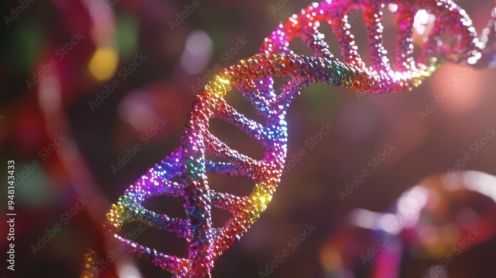 Poster a vibrant, ethereal 3d representation of a dna helix, shimmering in a spectrum of colors, creating a