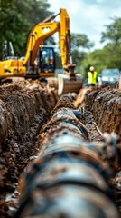 Excavation work underway for a large pipeline installation in a rural area on a sunny afternoon