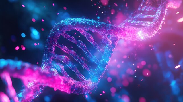 Close-up of a vibrant, digital DNA helix against a colorful cosmic background, showcasing scientific innovation and genetic exploration.