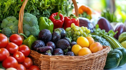 A variety of fresh vegetables and fruits displayed in a market basket, highlighting the abundance and diversity of plant-based nutrition.