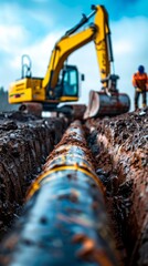 Construction workers repair a large pipeline using heavy machinery on a cloudy day at a construction site