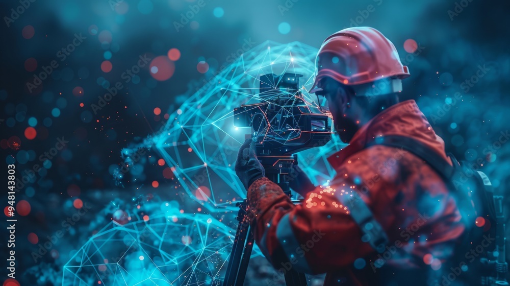 Poster a worker with a camera captures digital data in a high-tech environment during nighttime exploration