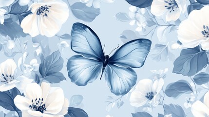 Fototapeta premium A stunning blue butterfly gracefully perched amidst soft floral patterns, creating a serene and elegant atmosphere.