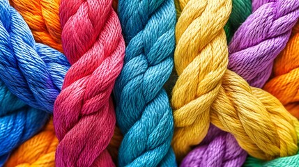 Close-up of colorful ropes interwoven in intricate patterns, symbolizing the strength and unity found within a diverse community