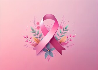 Pink October Concept | Breast cancer pink october ribbon awareness. Pink Ribbon and flowers at pink background. October is Cancer Awareness Month. Copy space area