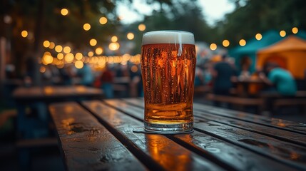 A glass of beer on an outdoor wooden table in the foreground, with background People in the garden are enjoying Oktoberfest beer 