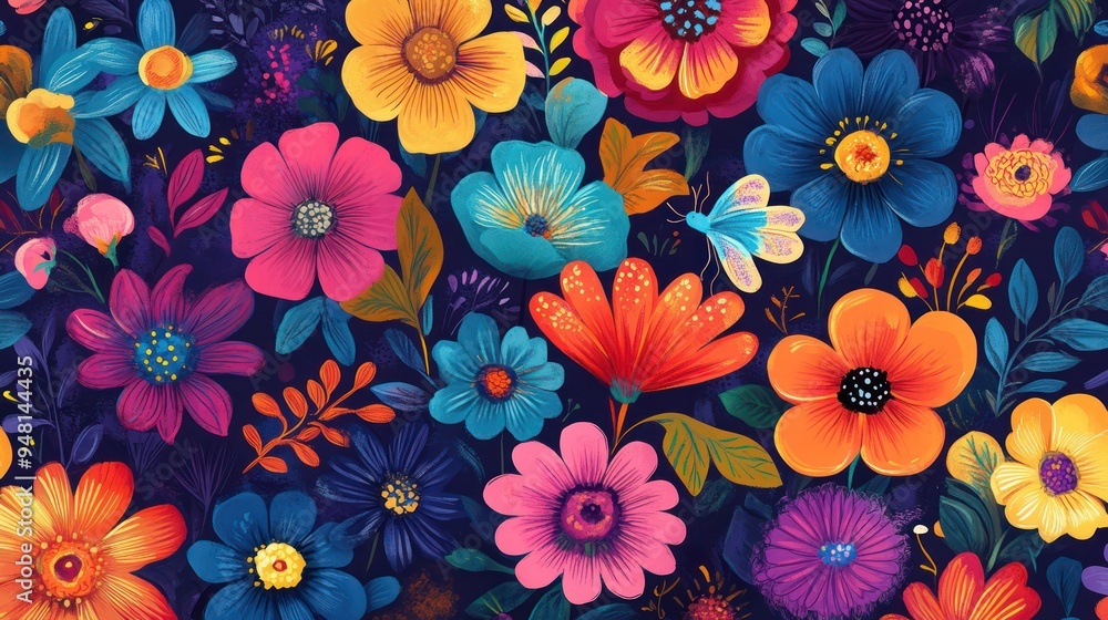 Aufkleber a vibrant array of colorful flowers adorned with a butterfly on a dark background, creating a lively