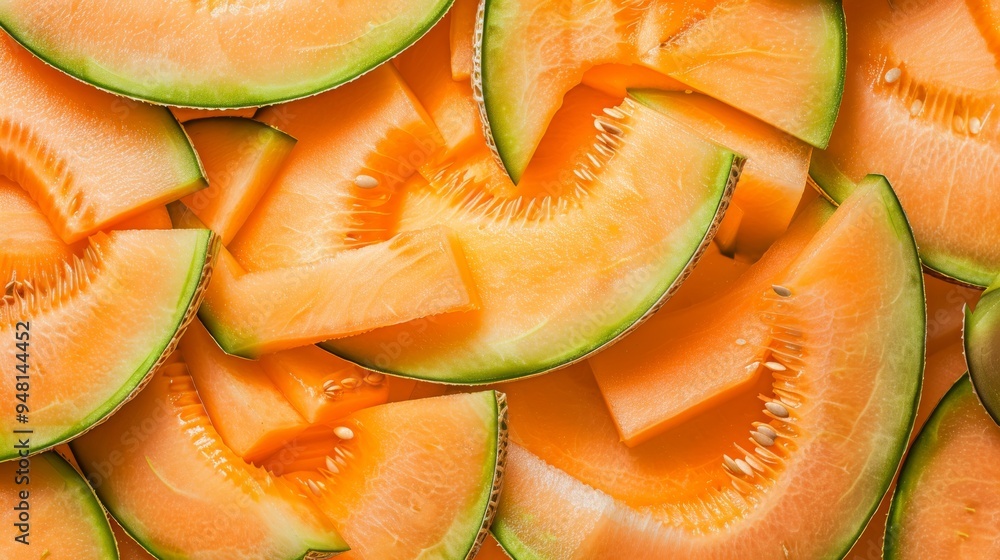 Aufkleber Detailed view of cantaloupe slices with visible seeds and texture, placed on a neutral background to emphasize the fruit's freshness.