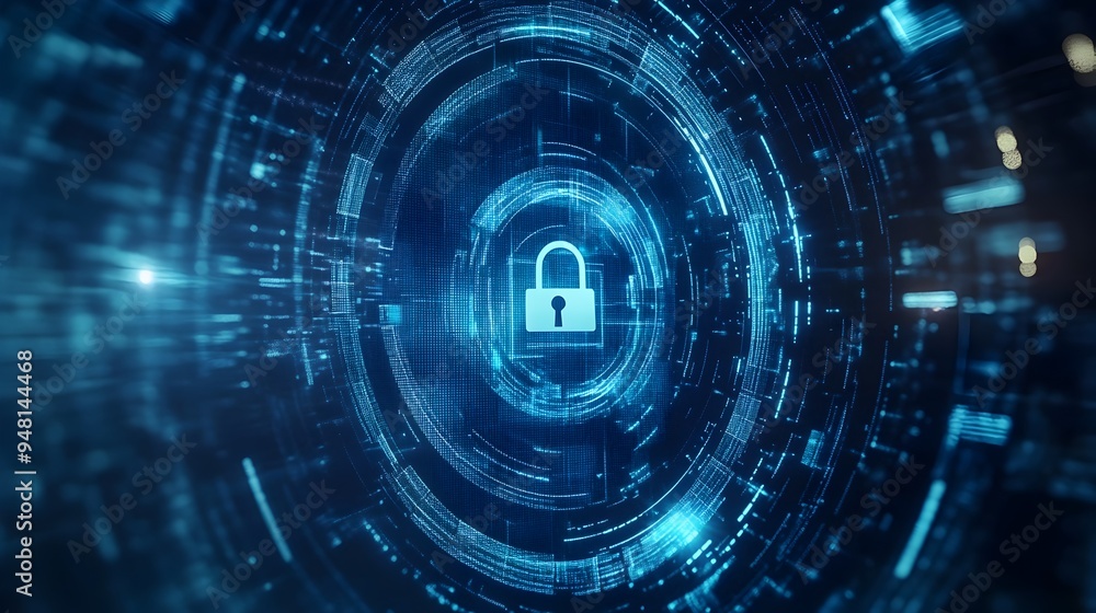 Poster digitally protected padlock encircled in symmetrical blue pixels