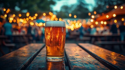A glass of beer on an outdoor wooden table in the foreground, with background People in the garden are enjoying Oktoberfest beer 