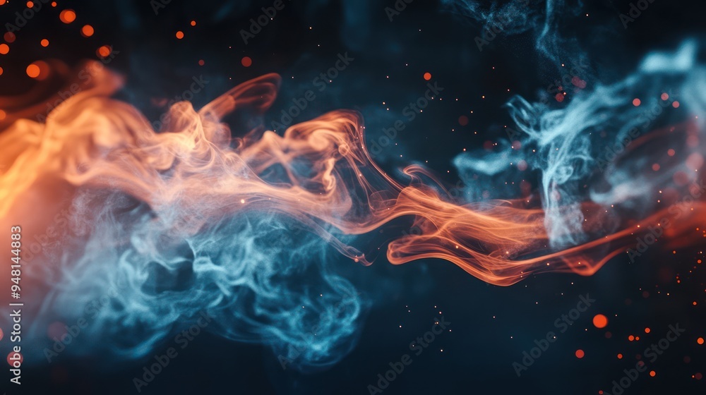 Poster abstract image of swirling blue and orange smoke with vibrant sparkles, creating a dynamic and ether