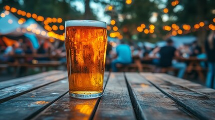 A glass of beer on an outdoor wooden table in the foreground, with background People in the garden are enjoying Oktoberfest beer 