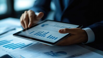 Businessperson holding a tablet with a detailed 2025 financial report, showcasing annual growth statistics and future projections.