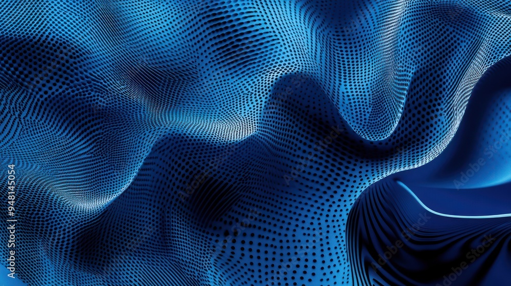 Poster an abstract design with flowing blue waves and dotted patterns, creating a sense of movement and dep