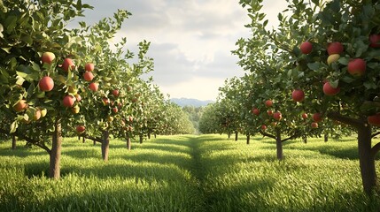 Fototapeta premium Lush Organic Apple Orchard with Ripe Fruit in Autumn Landscape