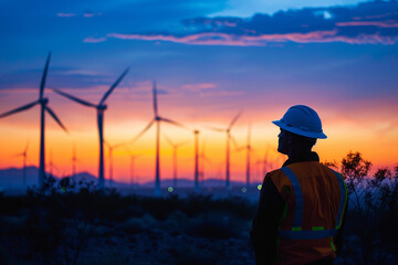 Worker Silhouetted Against Wind Farm Sunset