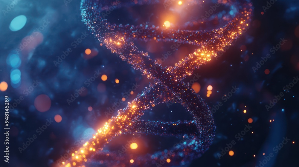 Poster a vibrant and intricate representation of a dna double helix, illuminated with glowing particles in 