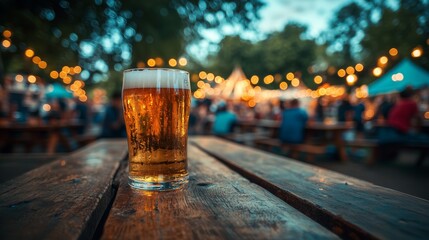 A glass of beer on an outdoor wooden table in the foreground, with background People in the garden are enjoying Oktoberfest beer 