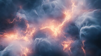 A mesmerizing blend of dark clouds and glowing orange lightning-like streaks, evoking a sense of power and mystery.