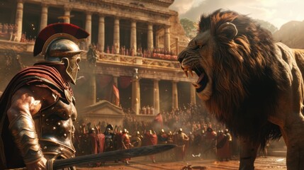 A fierce gladiator prepares for battle against a roaring lion in a historic arena with a cheering crowd