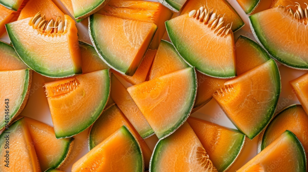 Poster fresh cantaloupe slices arranged in a neat pattern, showcasing their vibrant orange flesh and green 