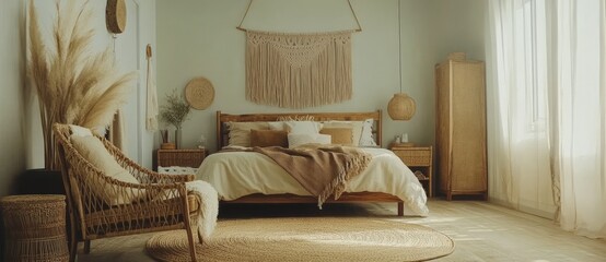 Decorative element bedroom daylight house beautiful design and decor,ai generated bedroom interior design scheme with natural materials