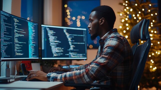 Young african male programmer writing program code sitting at the workplace with three monitors in the office. image focused on the screen.