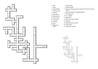 Obraz premium Crossword puzzle game with clues and solution.