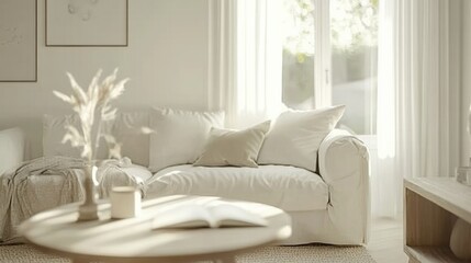 Cozy and modern living room with a white sofa, coffee table, and a light, airy decor, illuminated by natural light for a welcoming and elegant look.