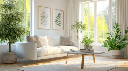 Cozy and modern living room with a white sofa, coffee table, and a light, airy decor, illuminated by natural light for a welcoming and elegant look.