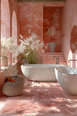 Bohemian-inspired bathroom with textured peach walls, featuring a rustic stone bathtub, soft plush rug, and pampas grass decor.