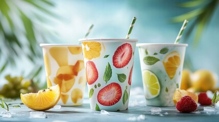 Fototapeta premium Eco-friendly paper cups with fresh fruit graphics, containing cold smoothies, set against a summer backdrop, perfect for takeaway branding.