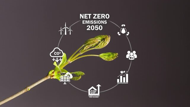 Net Zero Emissions 2050 Net zero , carbon neutral concept. Net zero greenhouse gas emissions target 2050. Climate neutral long term strategy.Young green plant macro